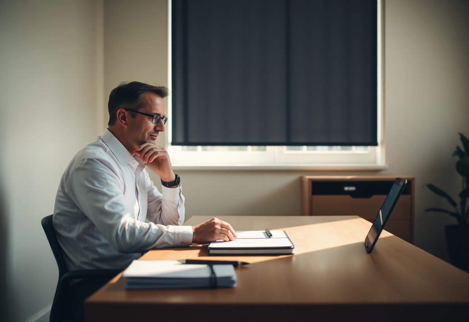 A financial advisor at work in a calm sunlit office
